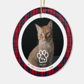 Eerste kerstkatfoto monogram naam tartan keramisch ornament (Links)