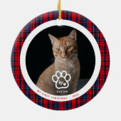 Eerste kerstkatfoto monogram naam tartan keramisch ornament (Achterkant)