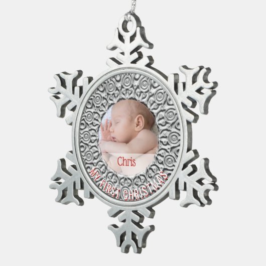 Eerste Kerstkerkerst Foto: Elegant Silver Red Tin Sneeuwvlok Ornament (Rechts)