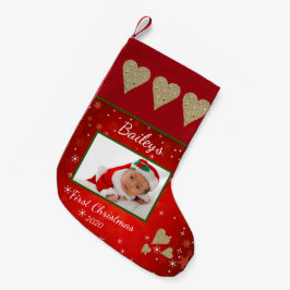 Eerste Kerstkerst Baby Foto Gold Heart Red Kleine Kerstsok