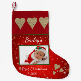 Eerste Kerstkerst Baby Foto Gold Heart Red Kleine Kerstsok