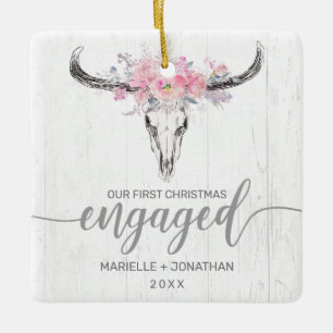 Eerste Kerstkerst Engaged Rustic Cow Skull Foto Keramisch Ornament