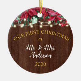 Eerste Kerstkerst Gehuwde Rustische Poinsettia-lic Keramisch Ornament