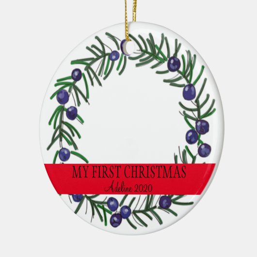 Eerste Kerstkerst Juniper Wreath Keramisch Ornament (Links)