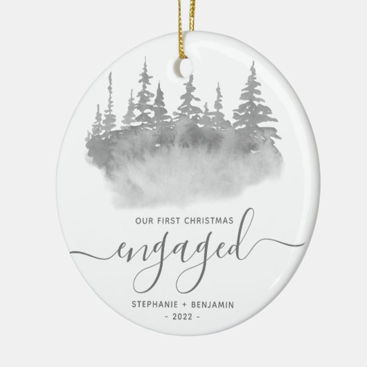 Eerste Kerstkerst met Woodland Trees Grey Script Keramisch Ornament (Links)