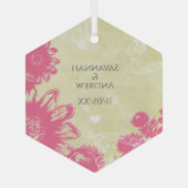 Eerste Kerstkerst Roze Blauwe Gerber Daisy Kerstmi Glas Ornament (Achterkant)