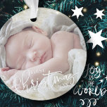 Eerste Kerstkerstcursile Aangepaste Baby foto Ornament<br><div class="desc">Dit eenvoudige en klassieke ontwerp is samengesteld uit serif typografie en voegt een douanefoto en een jaar toe.</div>