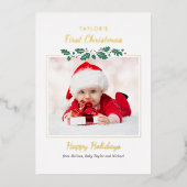 Eerste kerstkerstfoto met foto's met gouden Baby Folie Feestdagenkaart (Voorkant)