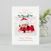 Eerste kerstkerstfoto met foto's met gouden Baby Folie Feestdagenkaart (Staand Voorkant)