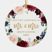 Eerste kerstkerstmanscript Waterverf Floral Keramisch Ornament (Voorkant)