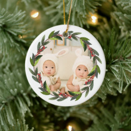 Eerste kerstkransfoto van tweeling als aandenken keramisch ornament