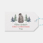 Eerste kerstman Baby Pinguïn & Boom op maat Cadeaulabel (Voorkant (Horizontaal))