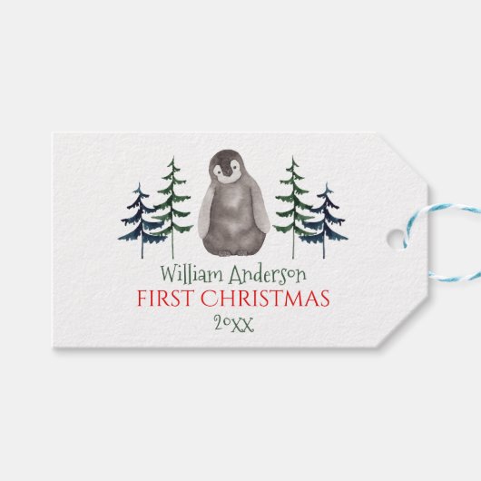 Eerste kerstman Baby Pinguïn & Boom op maat Cadeaulabel (Voorkant (Horizontaal))