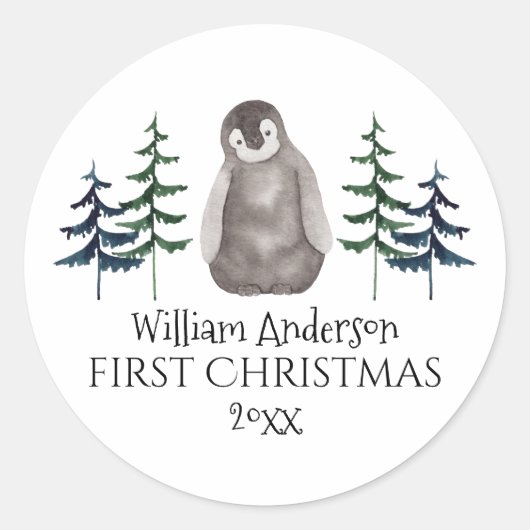 Eerste kerstman Baby Pinguïn & Boom op maat Ronde Sticker (Voorkant)