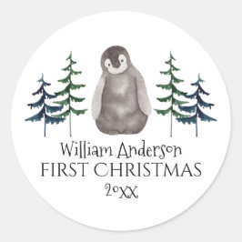 Eerste kerstman Baby Pinguïn & Boom op maat Ronde Sticker