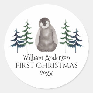 Eerste kerstman Baby Pinguïn & Boom op maat Ronde Sticker