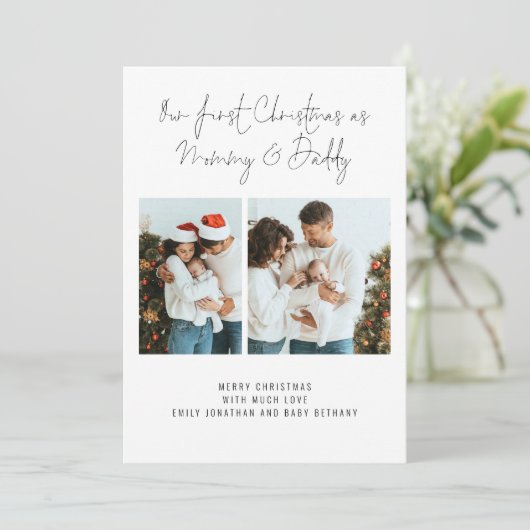 Eerste Kerstman Papa 2 Foto's geboorte Announce Feestdagenkaart (Staand voorkant)