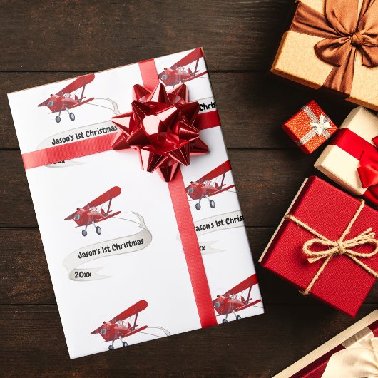 Eerste Kerstman Vliegend Vliegtuig Gepersonaliseer Cadeaupapier