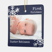 Eerste kerstmarineblauw foto Snowflakes Keramisch Ornament (Links)