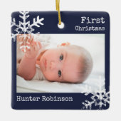 Eerste kerstmarineblauw foto Snowflakes Keramisch Ornament (Voorkant)