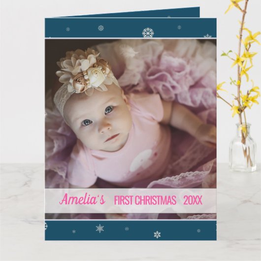 Eerste kerstmeisje blauw snowflake kaart (Gele Bloem)