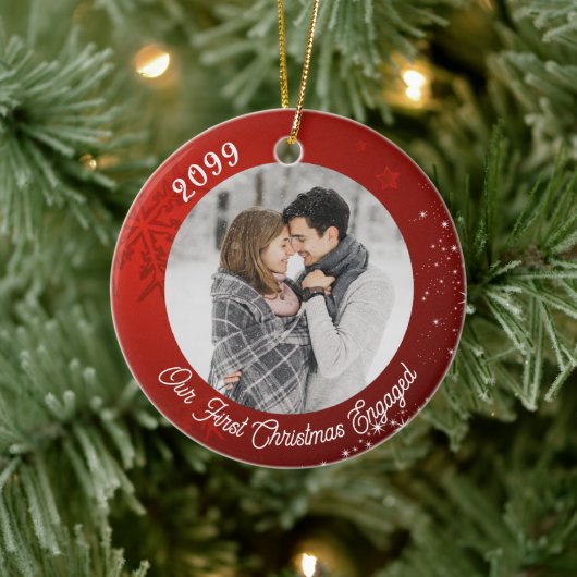 Eerste Kerstmis 2 Foto Red Snowflake Keramisch Ornament (Boom)