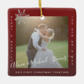 Eerste Kerstmis 2 foto's Mr. en Mrs. Keramisch Ornament (Voorkant)