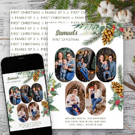 Eerste Kerstmis 5 Foto Holly en Pine Nieuwe Baby Feestdagenkaart