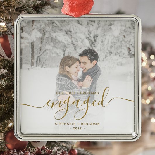 Eerste Kerstmis Aangepast Foto Gold Script Metalen Ornament