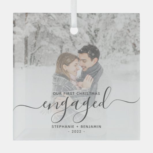 Eerste Kerstmis Aangepast Foto Grijs Manuscript Glas Ornament (Voorkant)