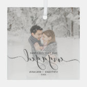 Eerste Kerstmis Aangepast Foto Grijs Manuscript Glas Ornament (Achterkant)