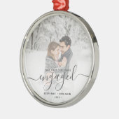 Eerste Kerstmis Aangepast Foto Grijs Manuscript Metalen Ornament (Links)