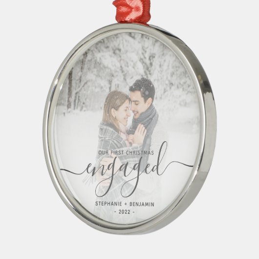 Eerste Kerstmis Aangepast Foto Grijs Manuscript Metalen Ornament (Links)