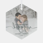 Eerste Kerstmis Aangepast Foto Groen Manuscript Glas Ornament (Achterkant)