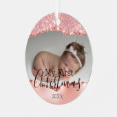 Eerste Kerstmis Aangepaste Baby Foto & Roze Glitte Metalen Ornament (Voorkant links)