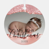 Eerste Kerstmis Aangepaste Baby Foto & Roze Glitte Metalen Ornament (Achterkant)