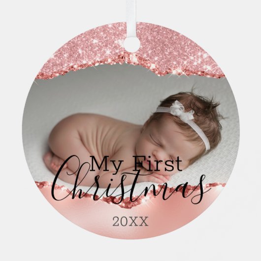 Eerste Kerstmis Aangepaste Baby Foto & Roze Glitte Metalen Ornament (Achterkant)