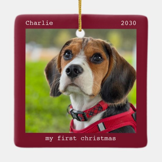 Eerste Kerstmis Aangepaste foto van Pet Puppy Dog Keramisch Ornament (Achterkant)