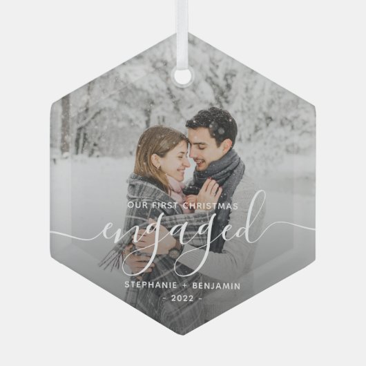 Eerste Kerstmis Aangepaste foto White Script Glas Ornament (Voorkant)