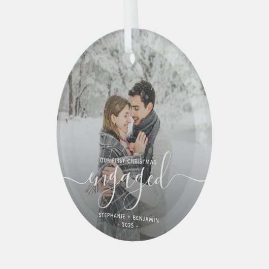 Eerste Kerstmis Aangepaste foto White Script Glas Ornament (Voorkant links)