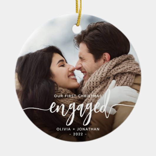 Eerste Kerstmis Aangepaste foto White Script Keramisch Ornament (Voorkant)