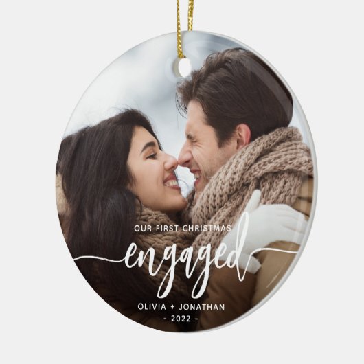 Eerste Kerstmis Aangepaste foto White Script Keramisch Ornament (Links)