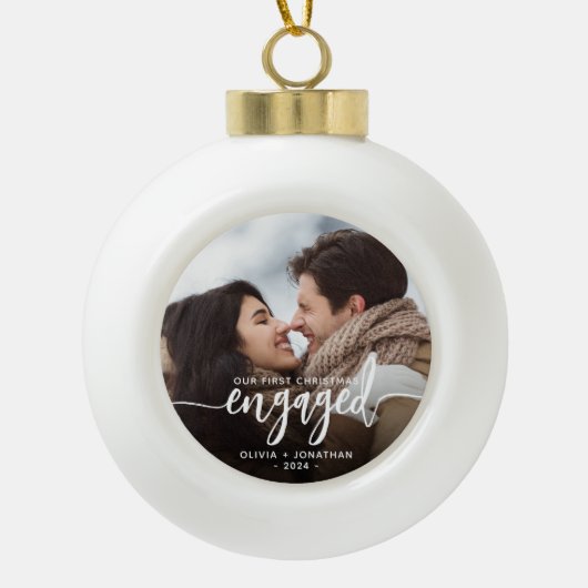 Eerste Kerstmis Aangepaste foto White Script Keramische Bal Ornament (Voorkant)