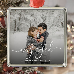 Eerste Kerstmis Aangepaste foto White Script Metalen Ornament