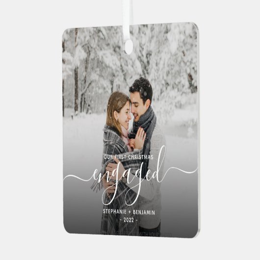 Eerste Kerstmis Aangepaste foto White Script Metalen Ornament (Voorkant links)