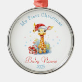 Eerste Kerstmis Aangepaste Naam Baby Giraffe Keeps Metalen Ornament (Voorkant)
