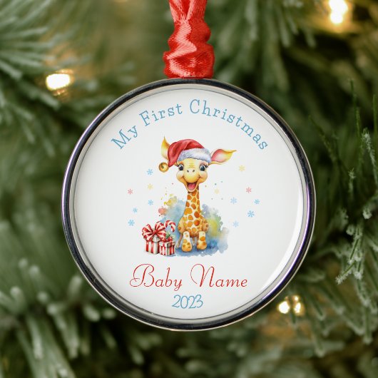 Eerste Kerstmis Aangepaste Naam Baby Giraffe Keeps Metalen Ornament