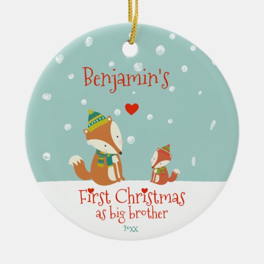 Eerste Kerstmis als Big Brother, Cute Foxes Keramisch Ornament (Voorkant)
