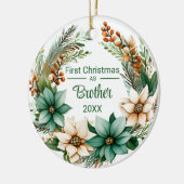 Eerste Kerstmis als Broeder Witte Groene Poinsetti Keramisch Ornament (Links)