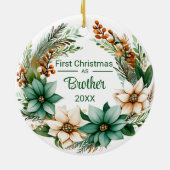 Eerste Kerstmis als Broeder Witte Groene Poinsetti Keramisch Ornament (Achterkant)